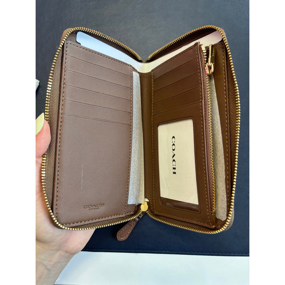 Coach Signature Zip Around Wallet Brown Canvas Leather PVC Gold Tone New - Picture 6 of 6
